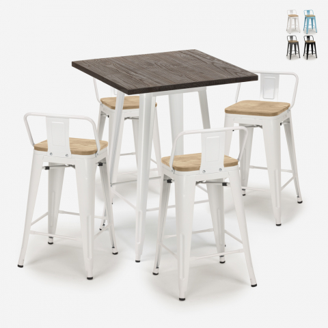 Ensemble Table 60x60cm 4 Tabourets style Tolix Bar Design Industriel Rough White