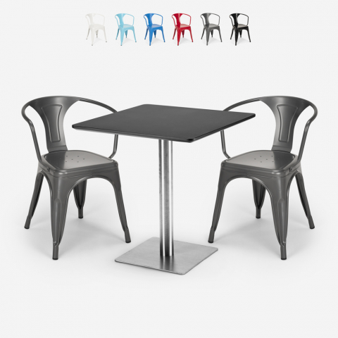 Ensemble 2 Chaises style Tolix et Table 70x70cm Horeca Bar Restaurants Starter Silver Promotion