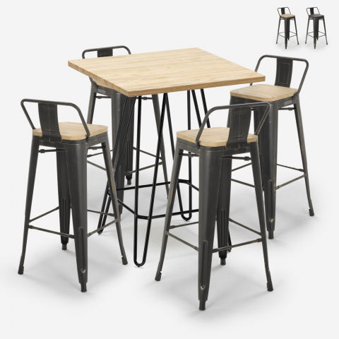Ensemble 4 Tabourets Vintage style Tolix Table Haute 60x60cm Bar Industriel Rhodes Promotion