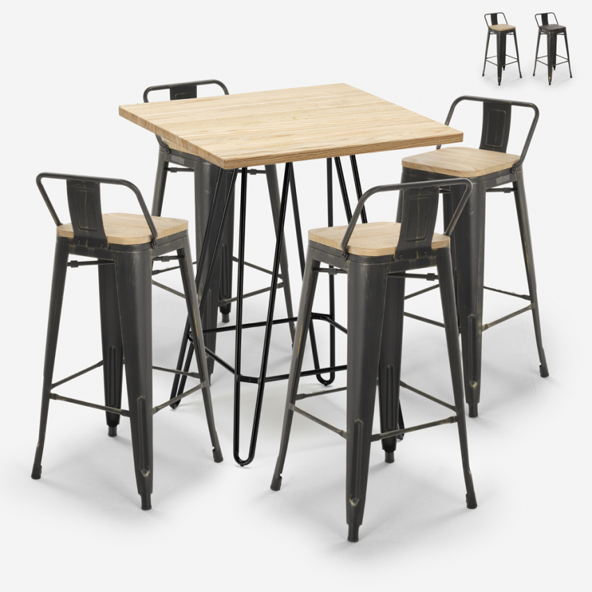 ensemble 4 tabourets vintage style table haute 60x60cm bar industriel rhodes Promotion ensemble 4 tabourets vintage style table haute 60x60cm bar industriel rhodes Promotion