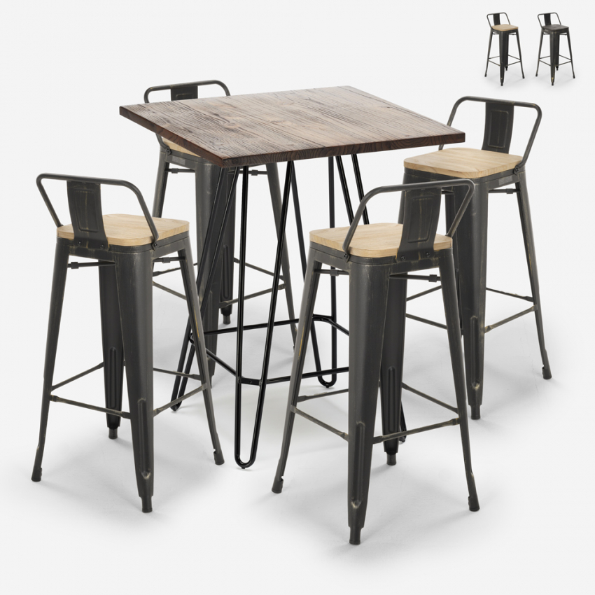 Set van 4 vintage barkrukken en hoge bartafel 60x60 cm in industrieel design Rhodes Noix Verkoop