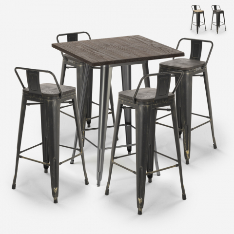 Ensemble Table Haute 60x60cm 4 Tabourets style Tolix Bar Métal Design Vintage Axel