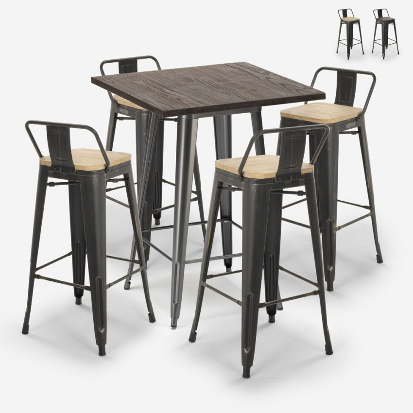 Vintage set met hoge bartafel 60x60 cm en 4 design barkrukken van metaal en hout Axel Verkoop Vintage set met hoge bartafel 60x60 cm en 4 design barkrukken van metaal en hout Axel Verkoop