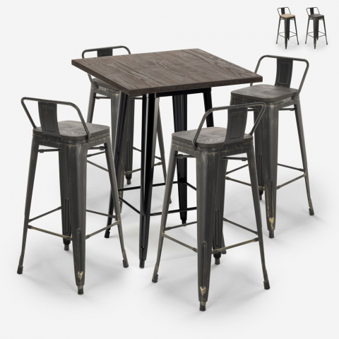 Ensemble 4 Tabourets Bois Métal style Tolix Vintage Bar Table Haute 60x60cm Axel Black Promotion