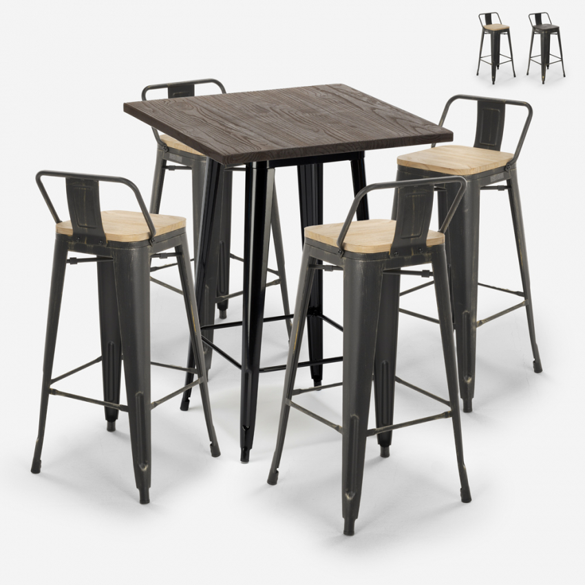 Vintage set met hoge bartafel 60x60 cm en 4 design barkrukken van metaal en hout Axel Black Verkoop Vintage set met hoge bartafel 60x60 cm en 4 design barkrukken van metaal en hout Axel Black Verkoop
