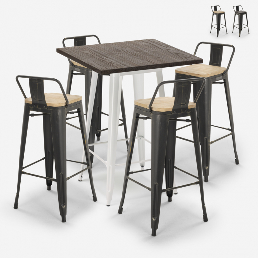 Vintage set met hoge bartafel 60x60 cm en 4 design barkrukken van metaal en hout Axel White Aanbieding Vintage set met hoge bartafel 60x60 cm en 4 design barkrukken van metaal en hout Axel White Aanbieding