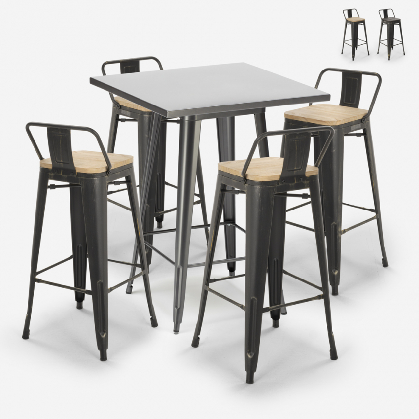Industriële set met 4 vintage barkrukken en hoge tafel 60x60 cm Rush Aanbieding Industriële set met 4 vintage barkrukken en hoge tafel 60x60 cm Rush Aanbieding
