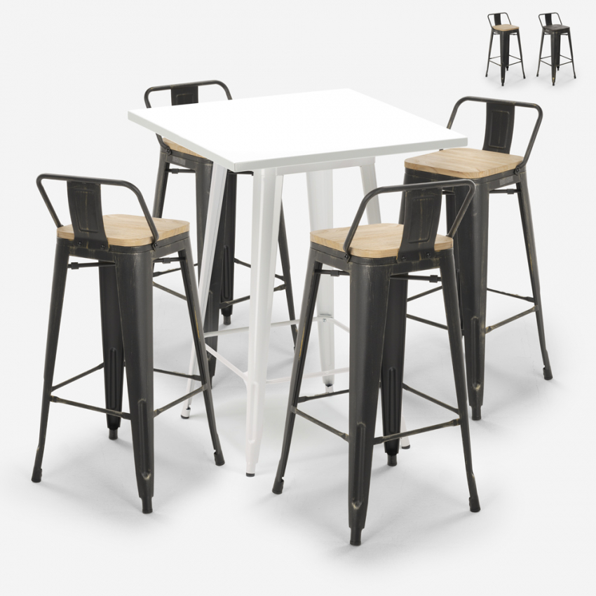 Industriële set met 4 vintage barkrukken en hoge tafel 60x60 cm Rush White Aanbieding Industriële set met 4 vintage barkrukken en hoge tafel 60x60 cm Rush White Aanbieding