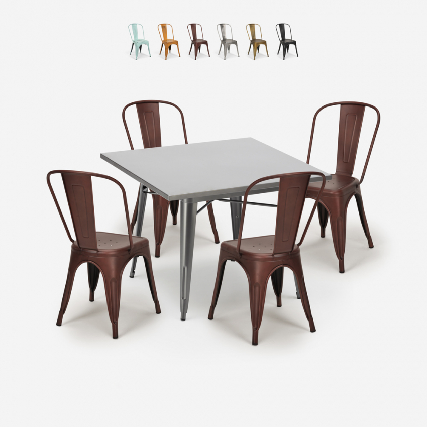 Industriële set met 4 vintage stijl stoelen en tafel 80x80 cm State Catalogus Industriële set met 4 vintage stijl stoelen en tafel 80x80 cm State Catalogus