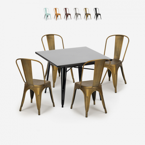 ensemble 4 chaises vintage industriel style Lix table noire 80x80cm cuisine restaurant state black Promotion
