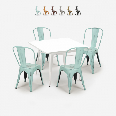 set 4 stoelen tafel industriële stijl metaal 80x80cm wit state white Aanbieding