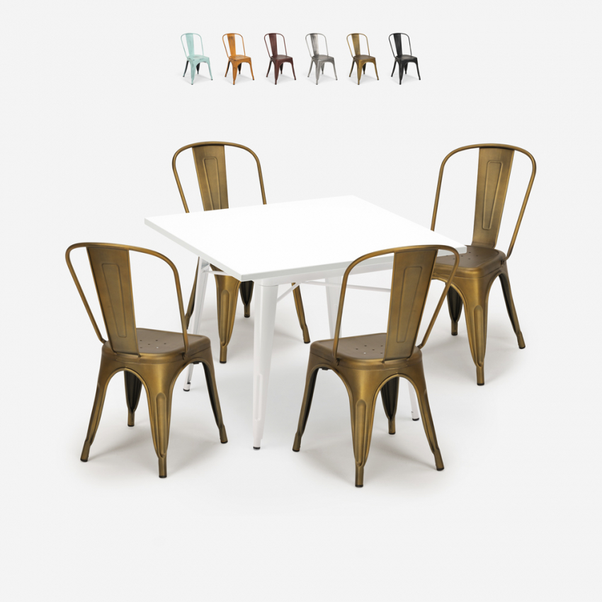 Industriële set met 4 vintage stijl stoelen en tafel 80x80 cm State White Kortingen