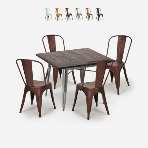 ensemble table à manger 80x80cm et 4 chaises vintage industriel design style Lix cuisine restaurant burton Promotion
