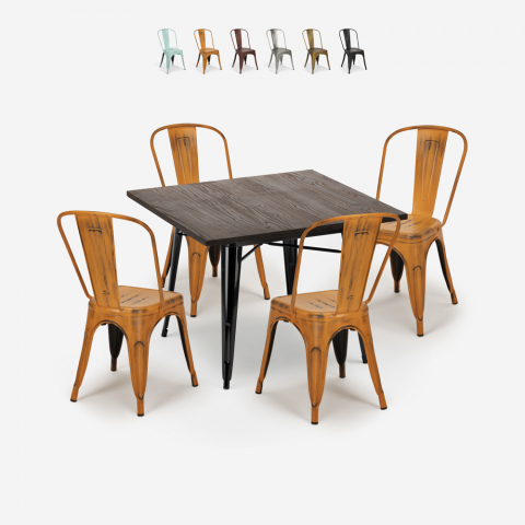 Set 4 stoelen tolix vintage eettafel 80x80cm hout metaal Burton Black Aanbieding