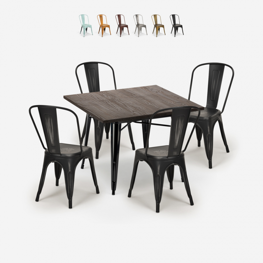 ensemble 4 chaises style vintage table à manger 80x80cm bois métal burton black Remises ensemble 4 chaises style vintage table à manger 80x80cm bois métal burton black Remises