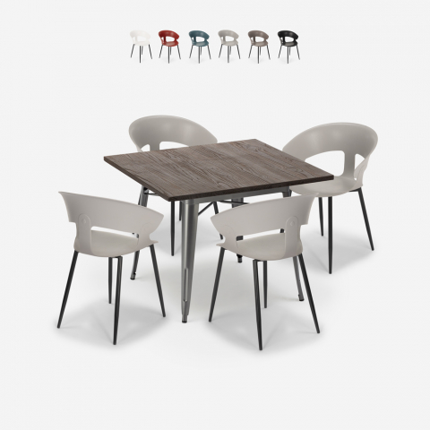 Ensemble Table Carrée 80x80cm Industriel et 4 Chaises Design Cuisine Restaurant Moderne Reeve