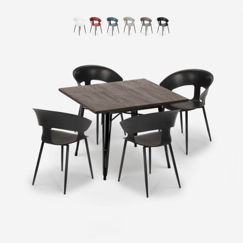 Ensemble de 4 Chaises et 1 Table Carrée 80x80cm Design Industriel Cuisine Restaurant Reeve Black