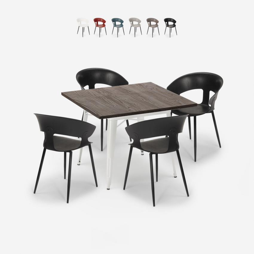 Ensemble Table À Manger 80x80cm Bois Métal et 4 Chaises Cuisine Restaurant Design Reeve White Réductions