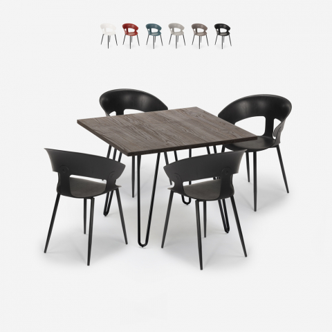 Ensemble 4 Chaises Table 80x80cm Industriel Design Moderne Restaurant Cuisine Maeve Dark