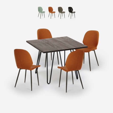 Conjunto bar cozinha mesa 80x80cm industrial 4 cadeiras design pele sintética Wright Dark Aanbieding