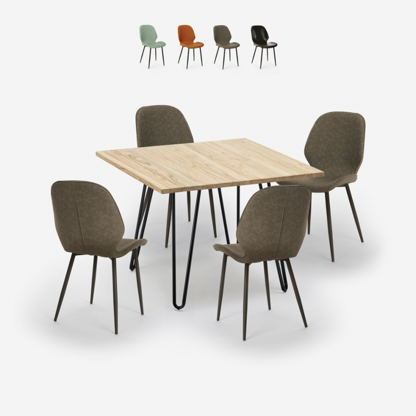 Industriële set met tafel 80x80 cm met 4 kunstleren design stoelen Wright Light Verkoop