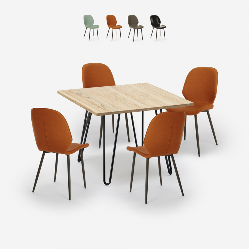 Conjunto 4 cadeiras design pele sintética mesa madeira metal 80x80cm Wright Light Aanbod