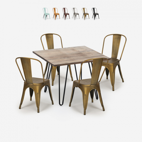 Ensemble de 4 Chaises de Style Tolix Vintage et 1 Table 80x80cm Industriel Cuisine Hedges Promotion