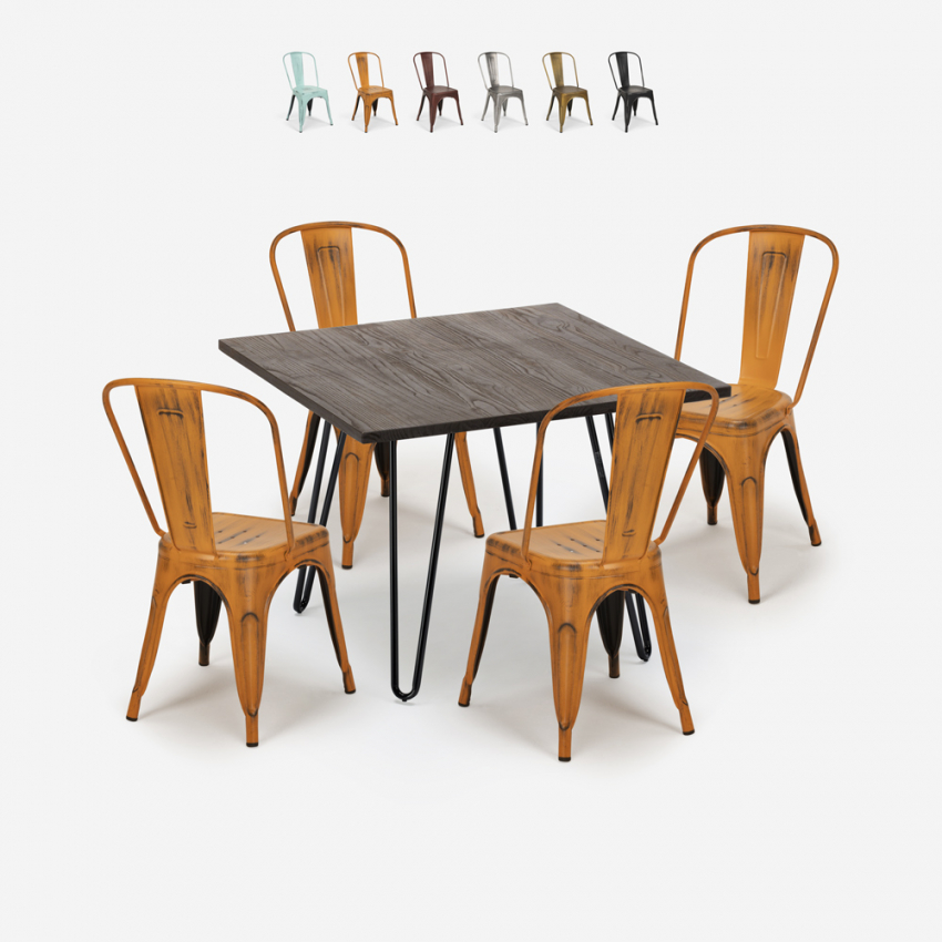 ensemble table carrée 80x80cm bois métal 4 chaises vintage style hedges dark Vente ensemble table carrée 80x80cm bois métal 4 chaises vintage style hedges dark Vente