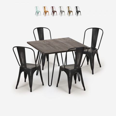 conjunto mesa quadrada 80x80cm madeira metal 4 cadeiras vintage hedges dark Aanbieding
