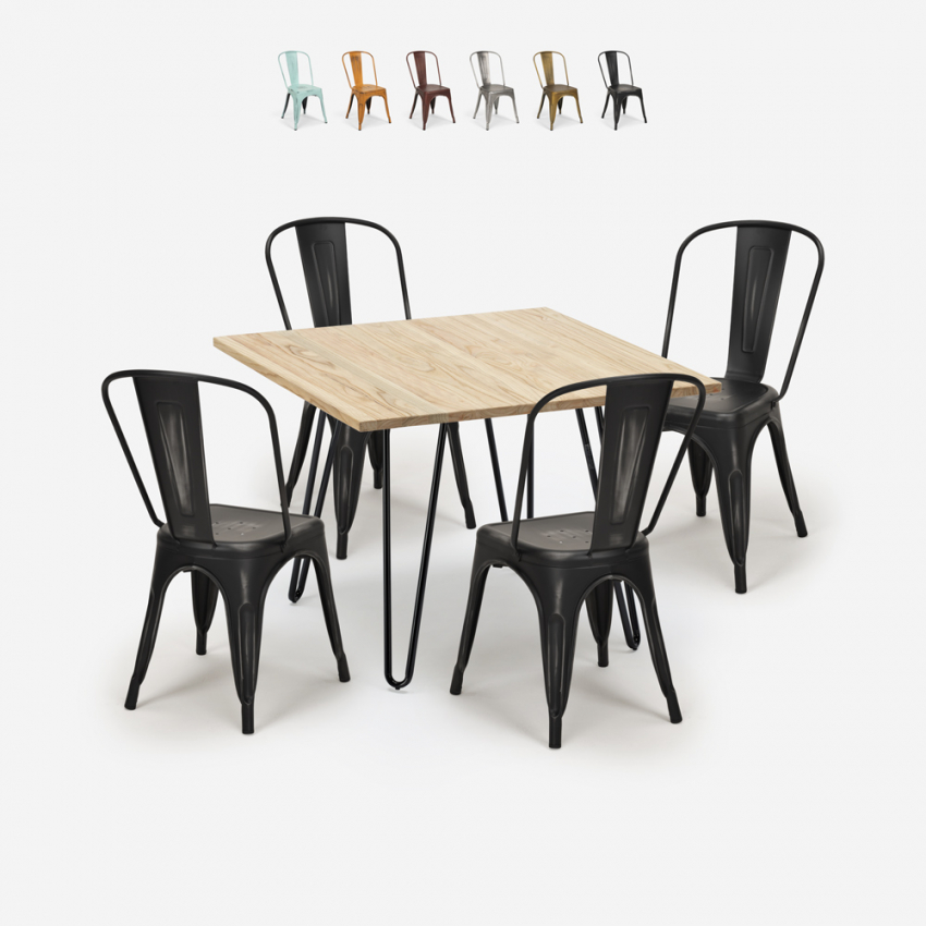 conjunto mesa bar cozinha 80x80cm madeira metal 4 cadeiras vintage hedges light Korting
