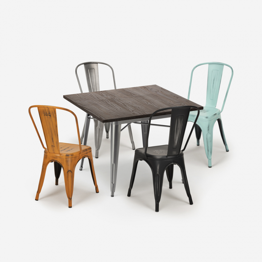 Industriële set met eettafel 80x80 cm cm en 4 vintage stoelen Almond Aanbod Industriële set met eettafel 80x80 cm cm en 4 vintage stoelen Almond Aanbod