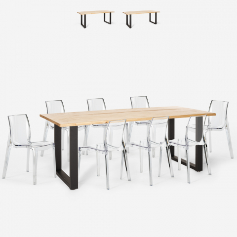 Ensemble 8 Chaises Transparentes Table À Manger 220x80cm Design Industriel Virgil