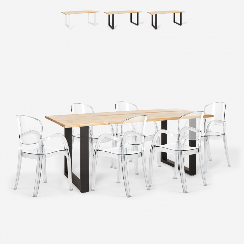 Set met eettafel 180x80 cm van hout en metaal en 6 transparante stoelen Jaipur L Aanbieding Set met eettafel 180x80 cm van hout en metaal en 6 transparante stoelen Jaipur L Aanbieding