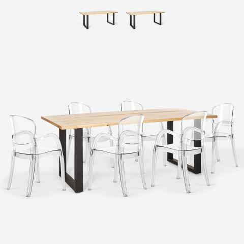 Ensemble Table 200x80cm Pieds En Métal et 6 Chaises Transparentes Design Salon Salle À Manger Jaipur XL Promotion