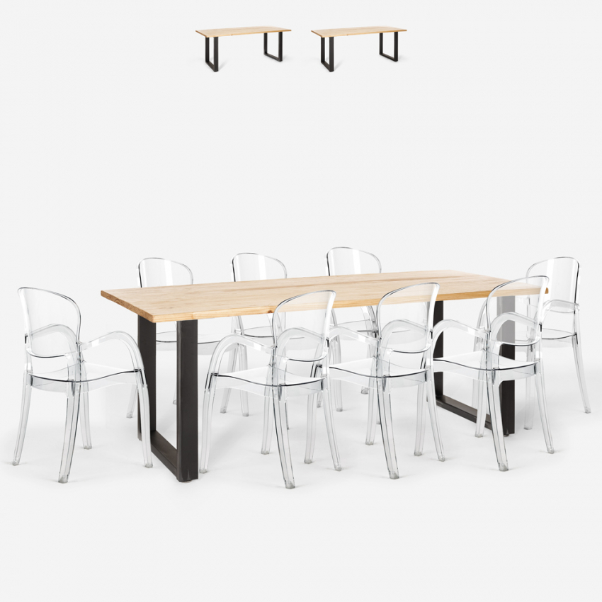 Set met eettafel 220x80 cm van hout en metaal en 8 transparante stoelen Jaipur XXL Korting Set met eettafel 220x80 cm van hout en metaal en 8 transparante stoelen Jaipur XXL Korting
