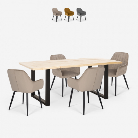 Ensemble 4 Chaises Velours Design et Table 160x80cm Style Industriel Salon Samsara M1