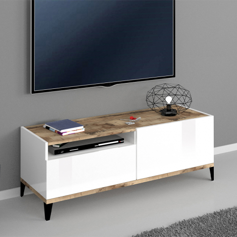 Meuble TV moderne placard tiroir 120x40 cm blanc brillant Gerald Wood Promotion