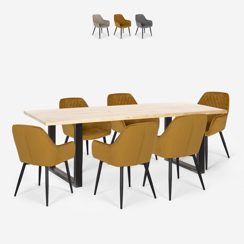 Ensemble 6 Chaises Velours Table 200x80cm Design Industriel Samsara XL2 Offre
