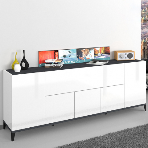 Buffet 200x40cm Design 5 Portes Compartiment Rabattable Entrée Salon Stephanie