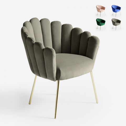 Chaise fauteuil coquillage design moderne velours pieds dorés Calicis