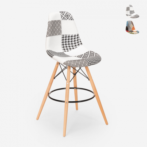 Hoge kruk keuken bar Scandinavisch design met voetenbankje en patchwork stof Laine Aanbieding