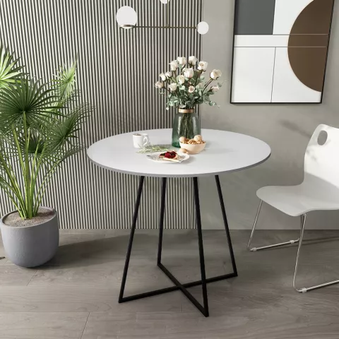 Table ronde de salon 80 cm blanc moderne pieds métal noir Marmor