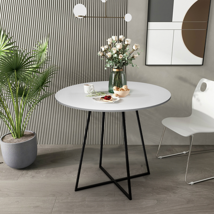Ronde eettafel wit tafelblad en zwart metalen poten 80 cm Marmor Aanbieding
