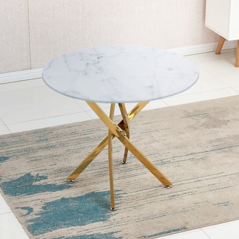 Table ronde 100cm en verre trempé avec effet marbre et pieds dorés Aurum