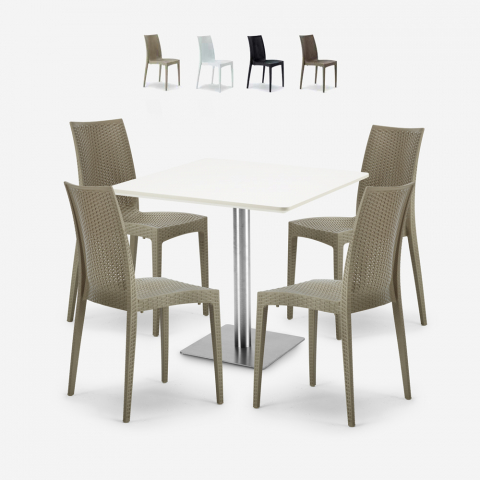 Ensemble Table 90x90cm Blanc Horeca 4 Chaises Empilables Poly Rotin Barrett White