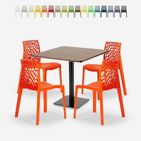 Houten metalen salontafel set Horeca 90x90cm 4 stapelbare design stoelen Dustin Aanbieding