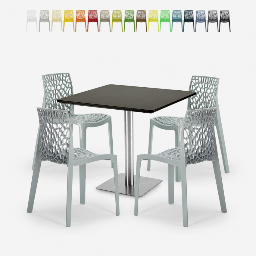Horeca set met salontafel 90x90 cm en 4 stapelbare design stoelen Dustin Black Karakteristieken Horeca set met salontafel 90x90 cm en 4 stapelbare design stoelen Dustin Black Karakteristieken