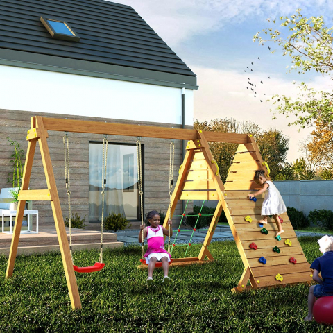 Aire de jeux extérieure en bois double balançoire et mur d'escalade pour enfants Spider King