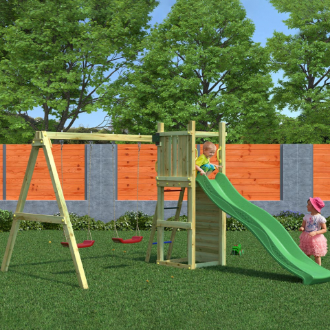 Aire de jeux extérieure pour enfants toboggan double balançoire et mur d'escalade Funny-3 DS