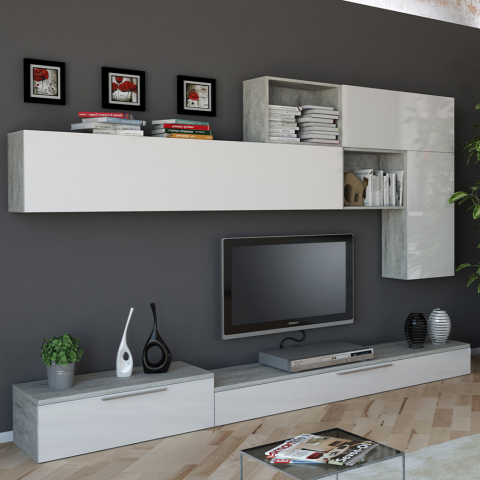 Meuble TV de salon design moderne laqué gris et blanc Beverly